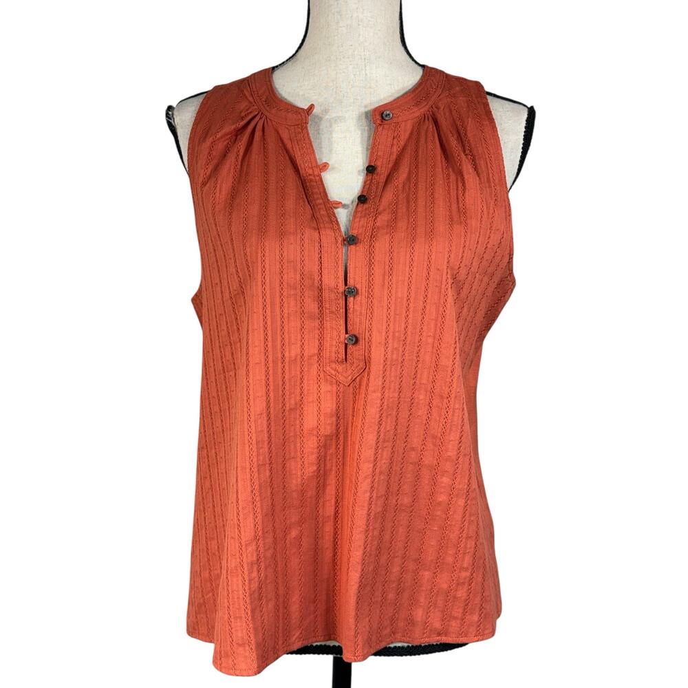 LOFT Outlet Medium Top Sleeveless Button V-Neck Stretch Pleated Pullover Orange